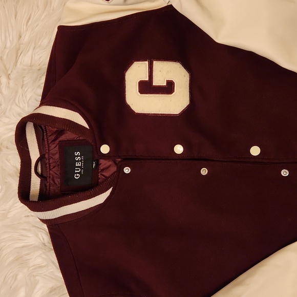 GUESS LEATHER MAROON WHITE VARSITY JACKET SIZE LARGE - Picture 3 of 10